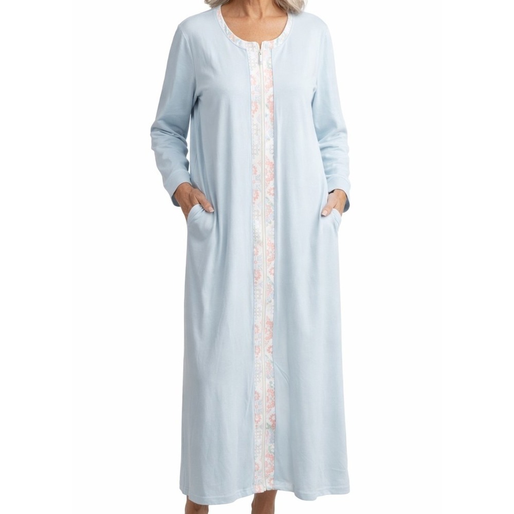 National Womens Full Front Zip Soft House Coat Robe Blue SZ Petite Medium NWT